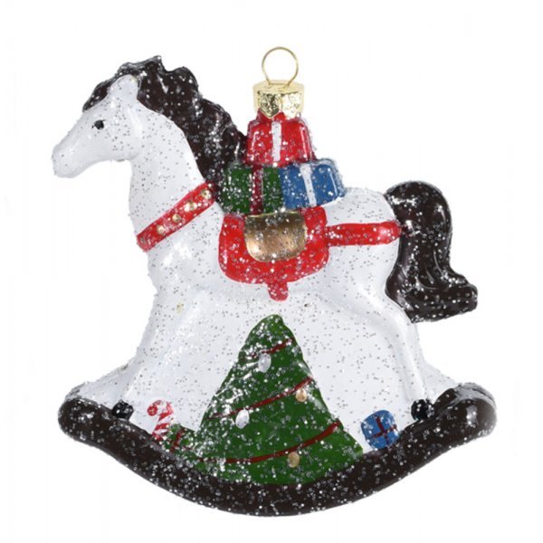 Χριστουγεννιάτικο Κρεμαστό Στολίδι Αλογάκι με Δώρα, Χιονισμένο (12cm)